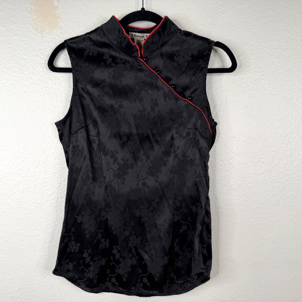 Vtg Forever 21 Top Women Sz L Black Damask Asian Cheongsam Y2K 90's